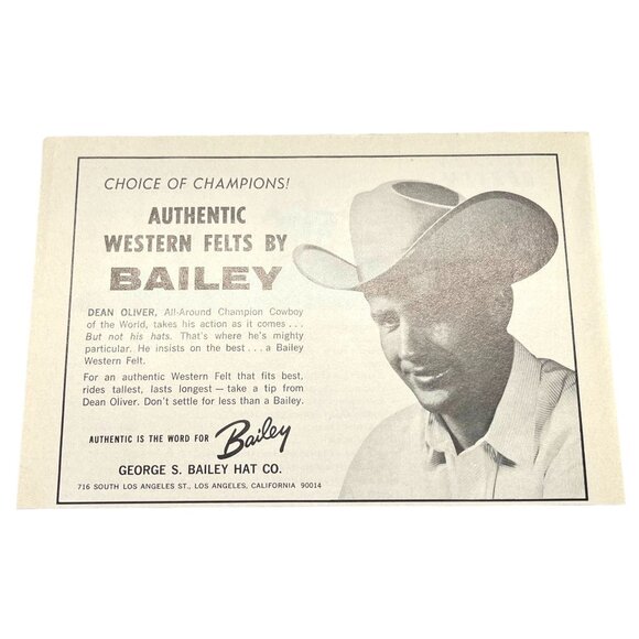 George S Bailey Hat Co Vtg Print Ad 1960s Dean Bailey Rodeo Star Western Felts - Picture 6 of 6